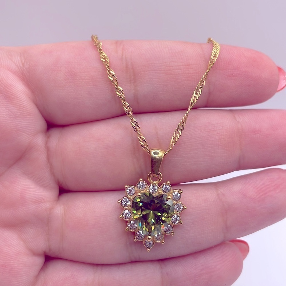 18K Gold Plated Green Cubic Zirconia Heart Pendant Necklace